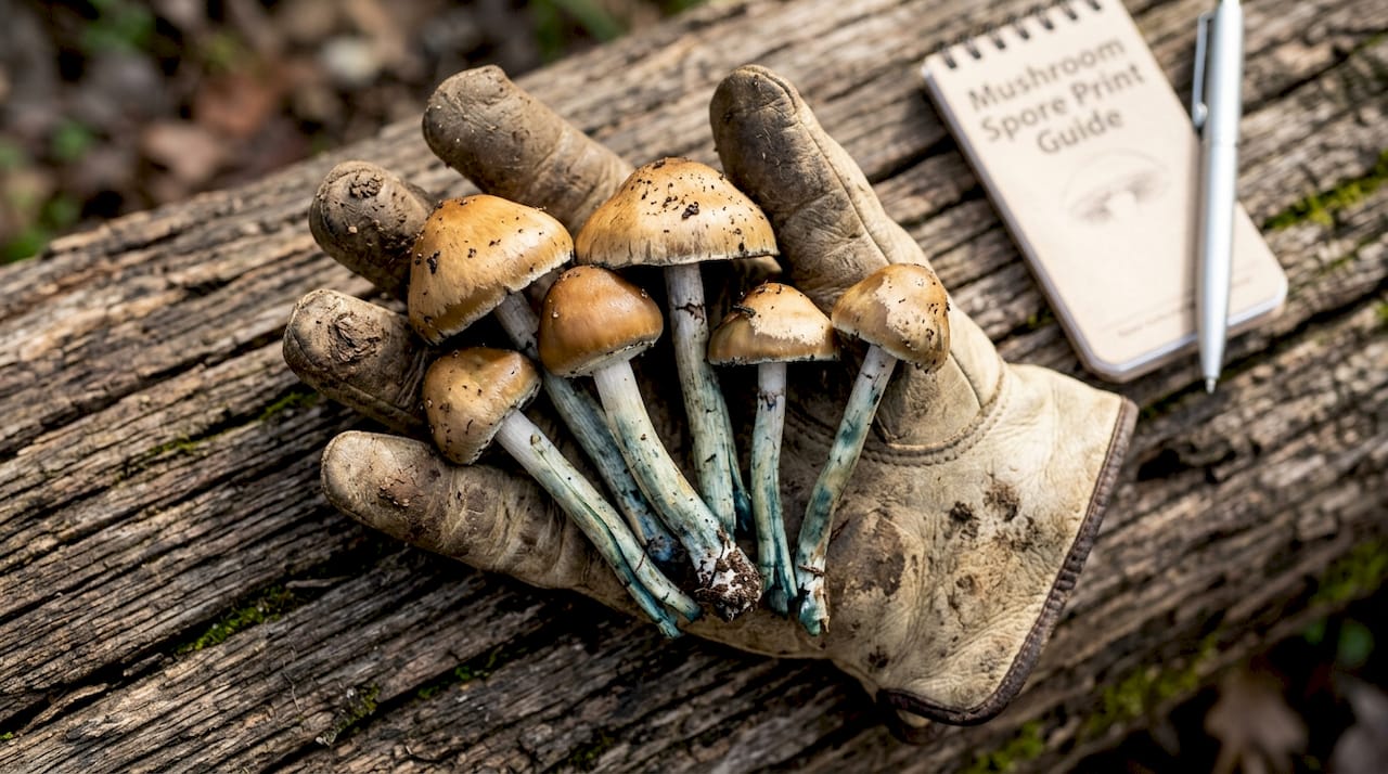 Close-up of blue meanie mushroom caps and stems