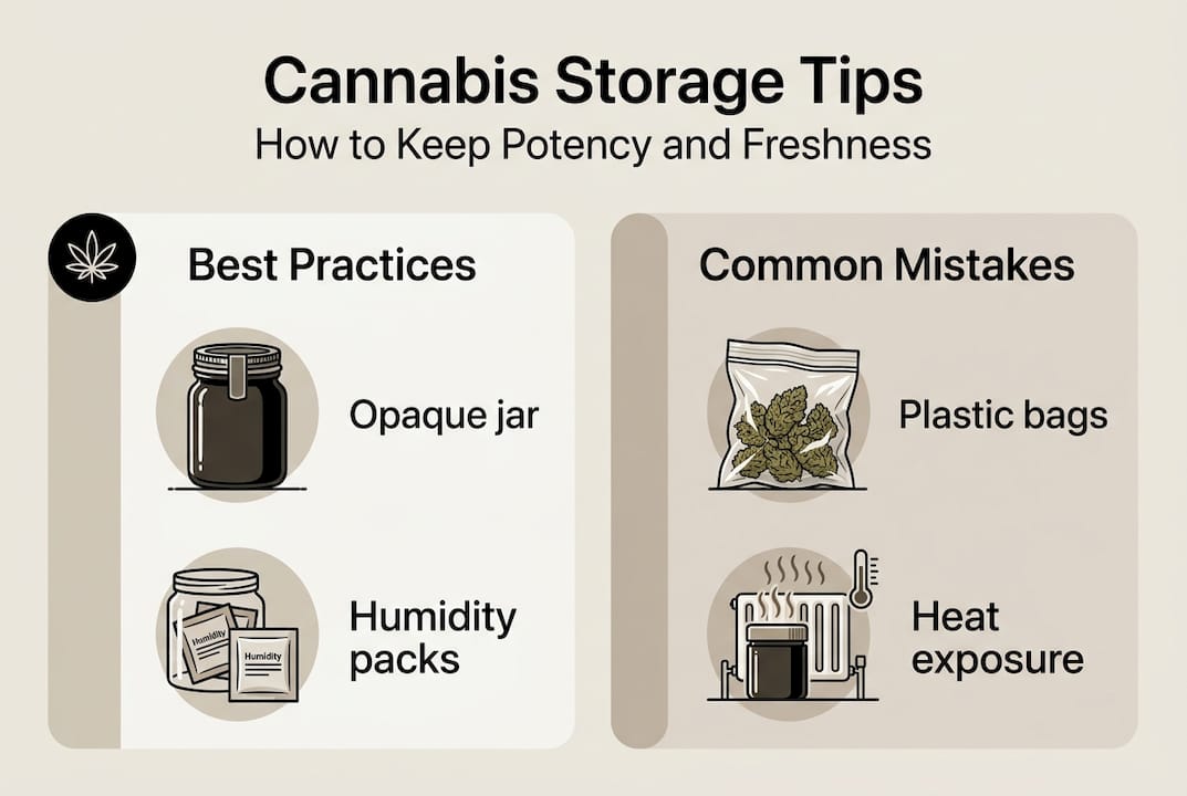 Infographic showing cannabis storage best practices and mistakes