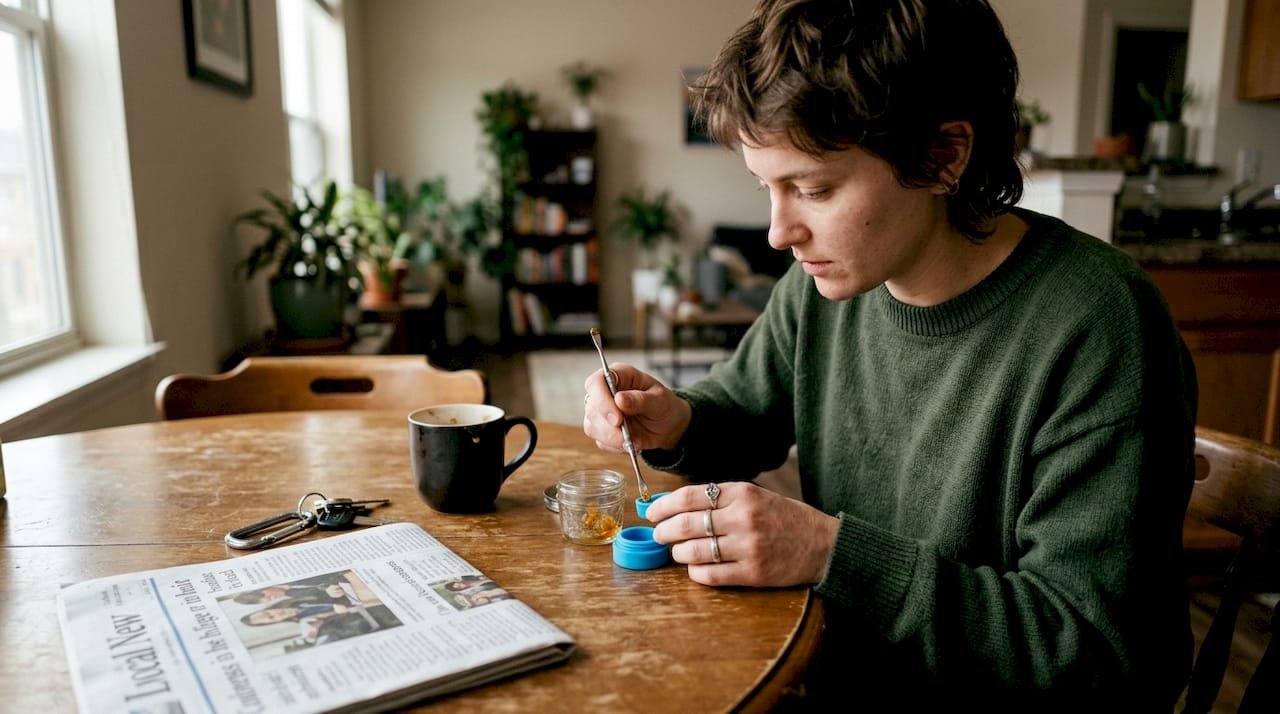 Person placing concentrate in silicone container on table