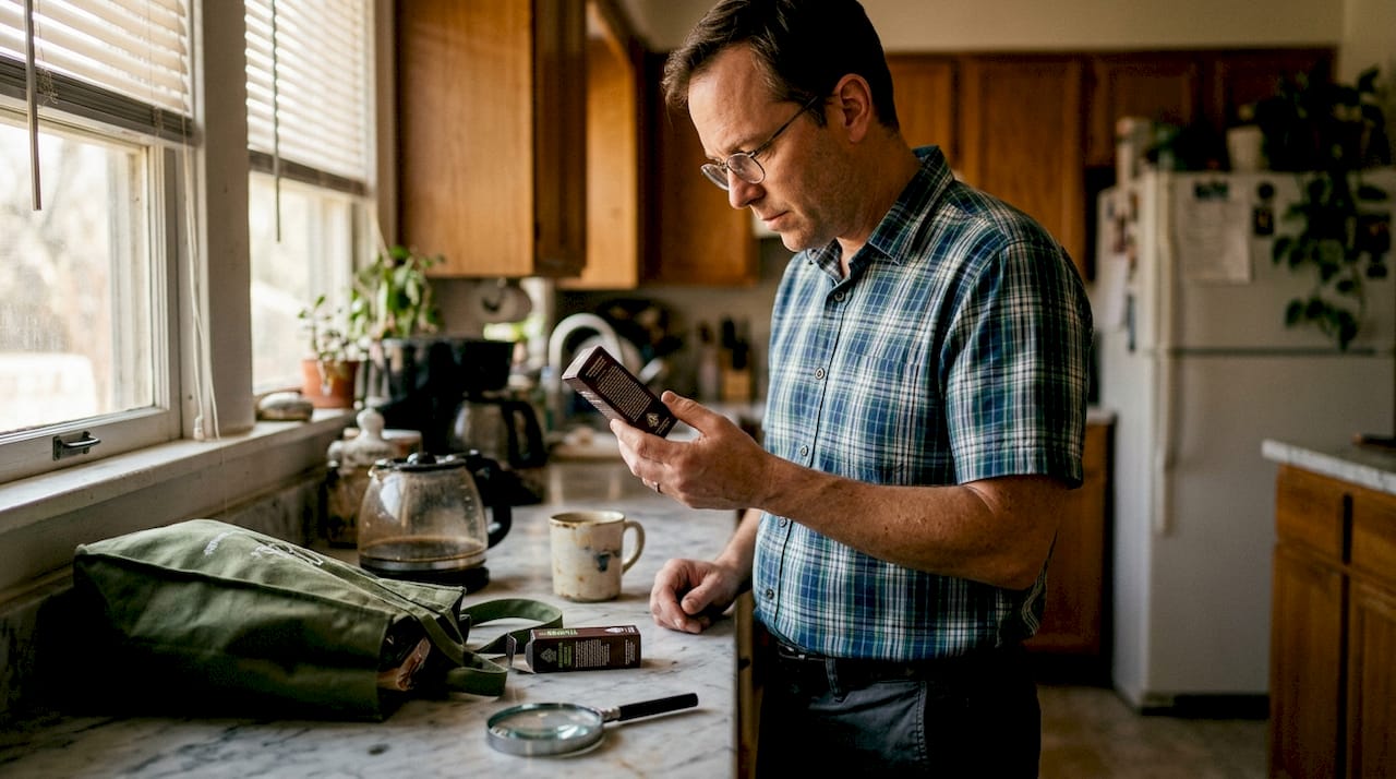 Man inspects details on cannabis packaging at home