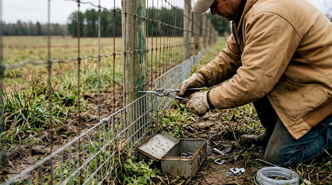 Worker installing wire apron on farm fence