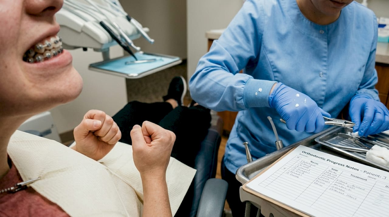 Close-up of metal braces in dental clinic setting