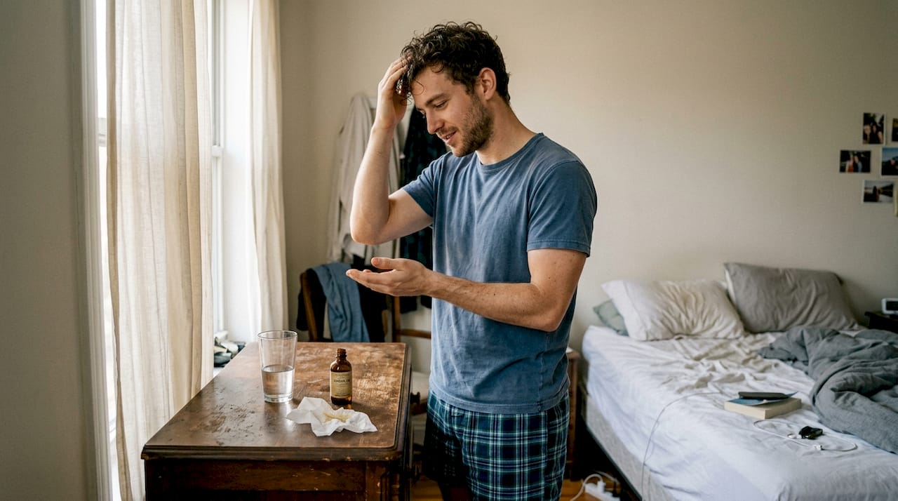 Man applying oil to damp hair at dresser