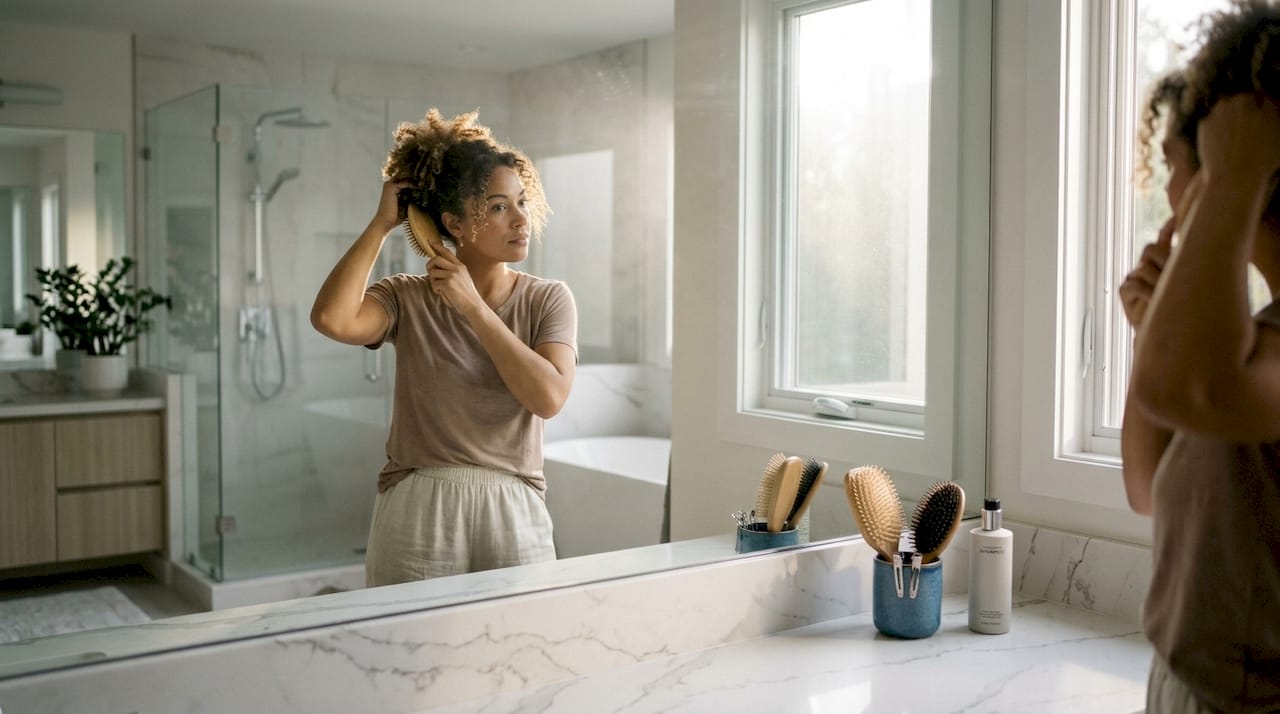 Woman brushing frizzy hair at bathroom sink