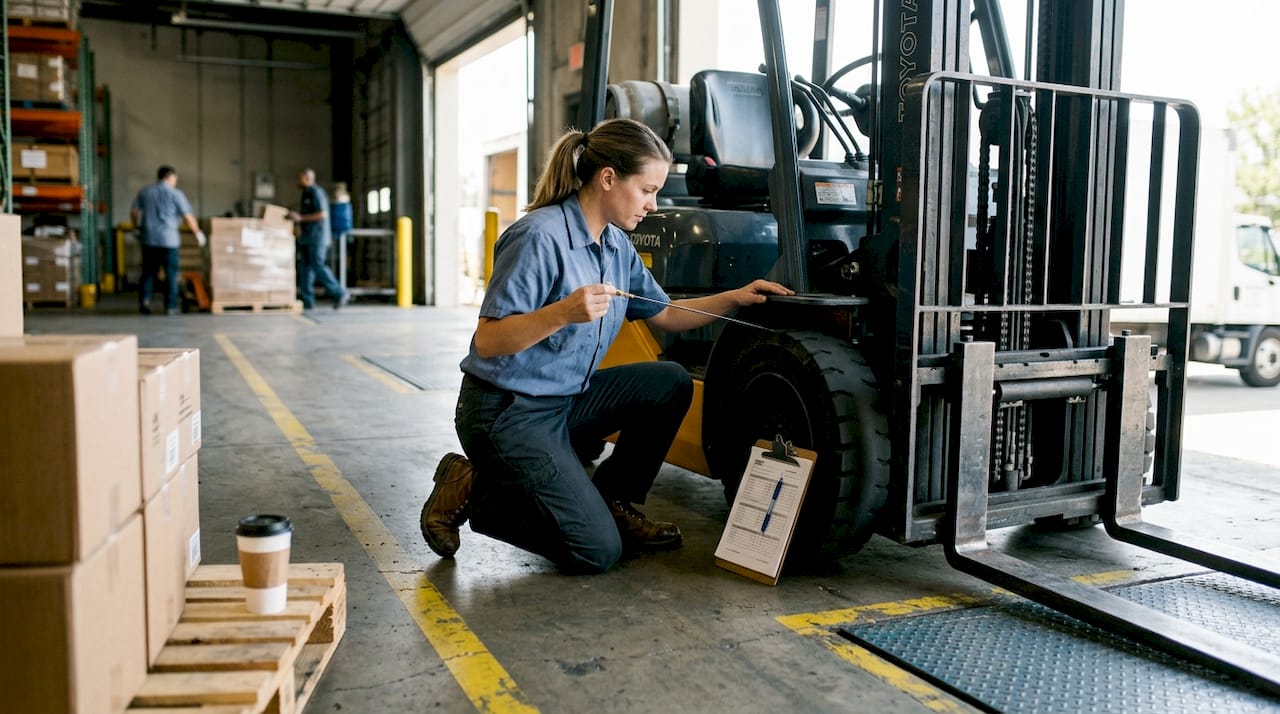 Worker inspecting forklift at loading dock