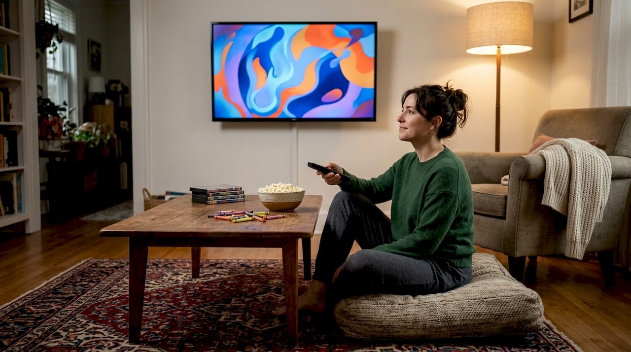 Person enjoying animated movie in home setting