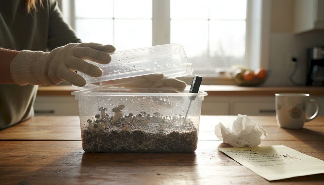 Mushroom pins forming inside fruiting container