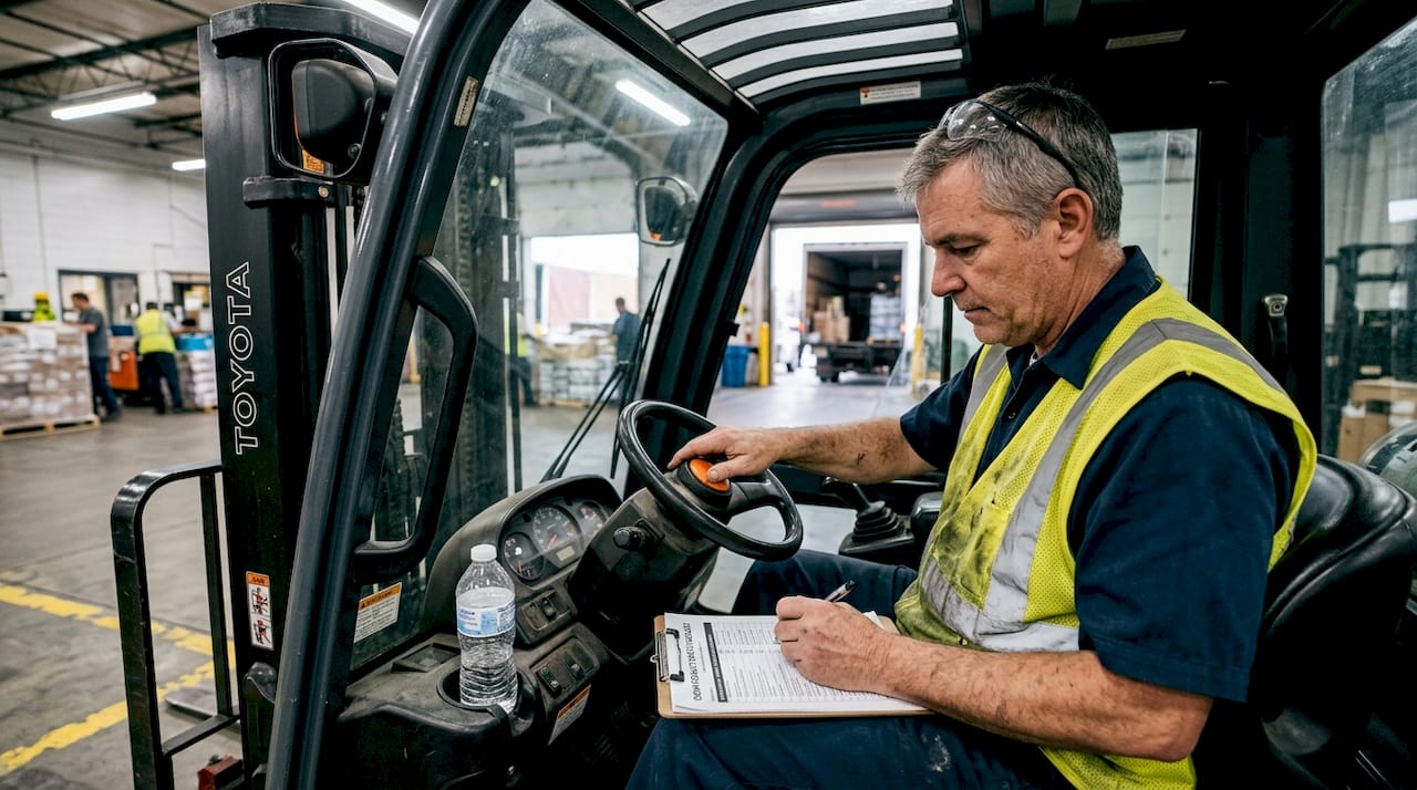Worker testing forklift alarm with checklist