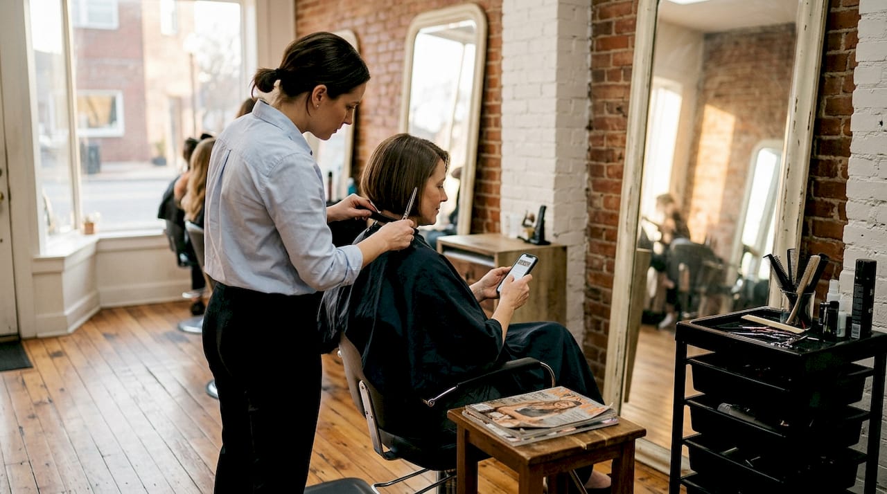 Stylist creates precision haircut in salon scene