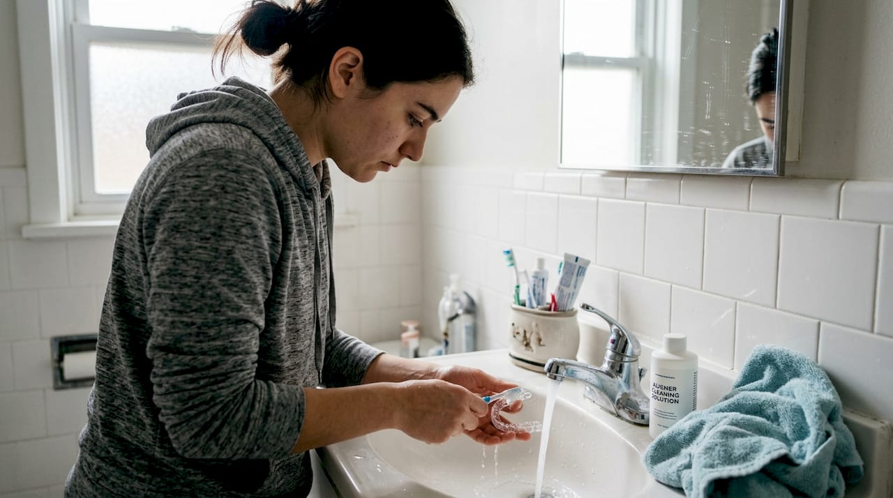 Person cleaning clear aligners at home