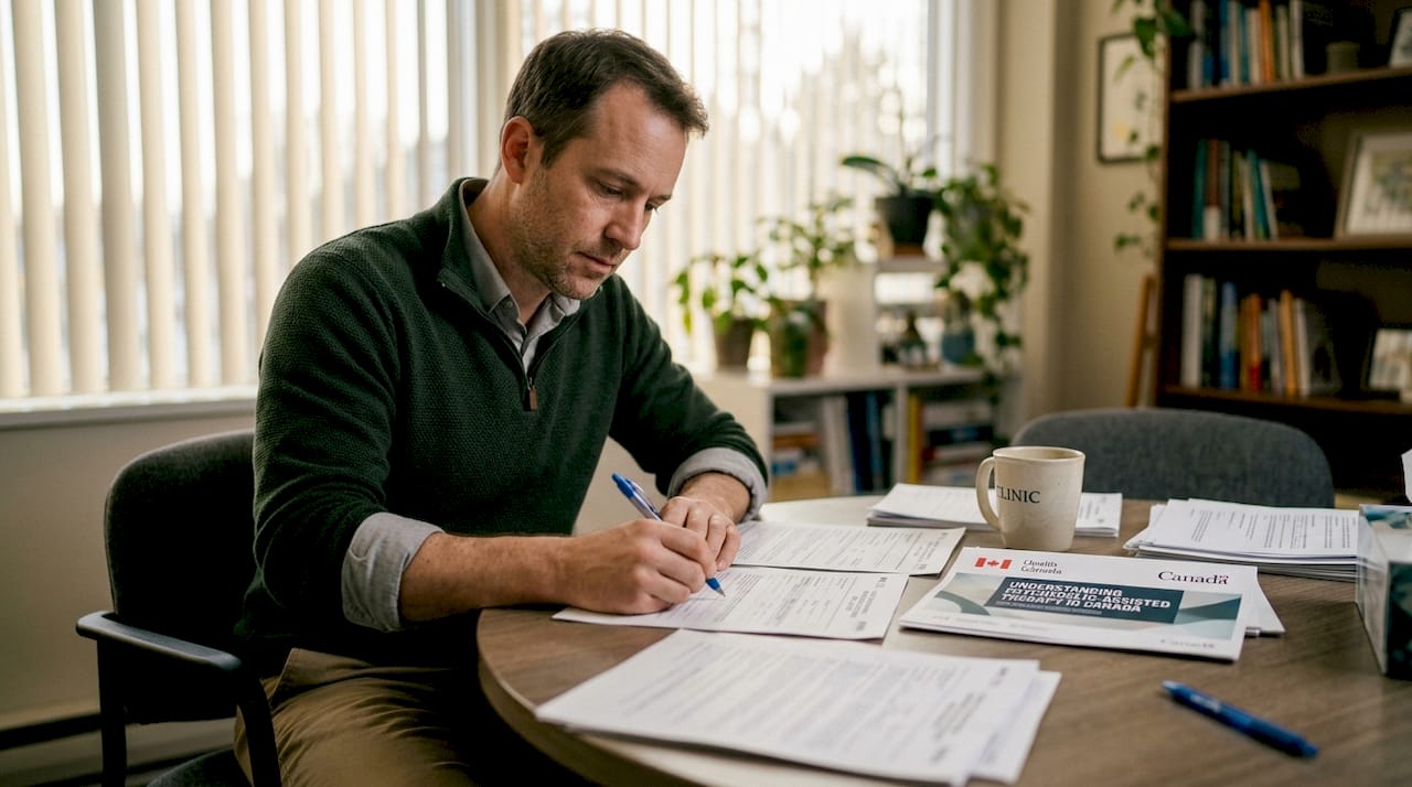 Therapist completing psychedelic therapy forms