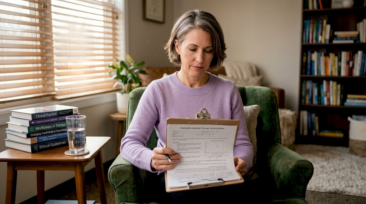 Therapist reviewing psilocybin session notes