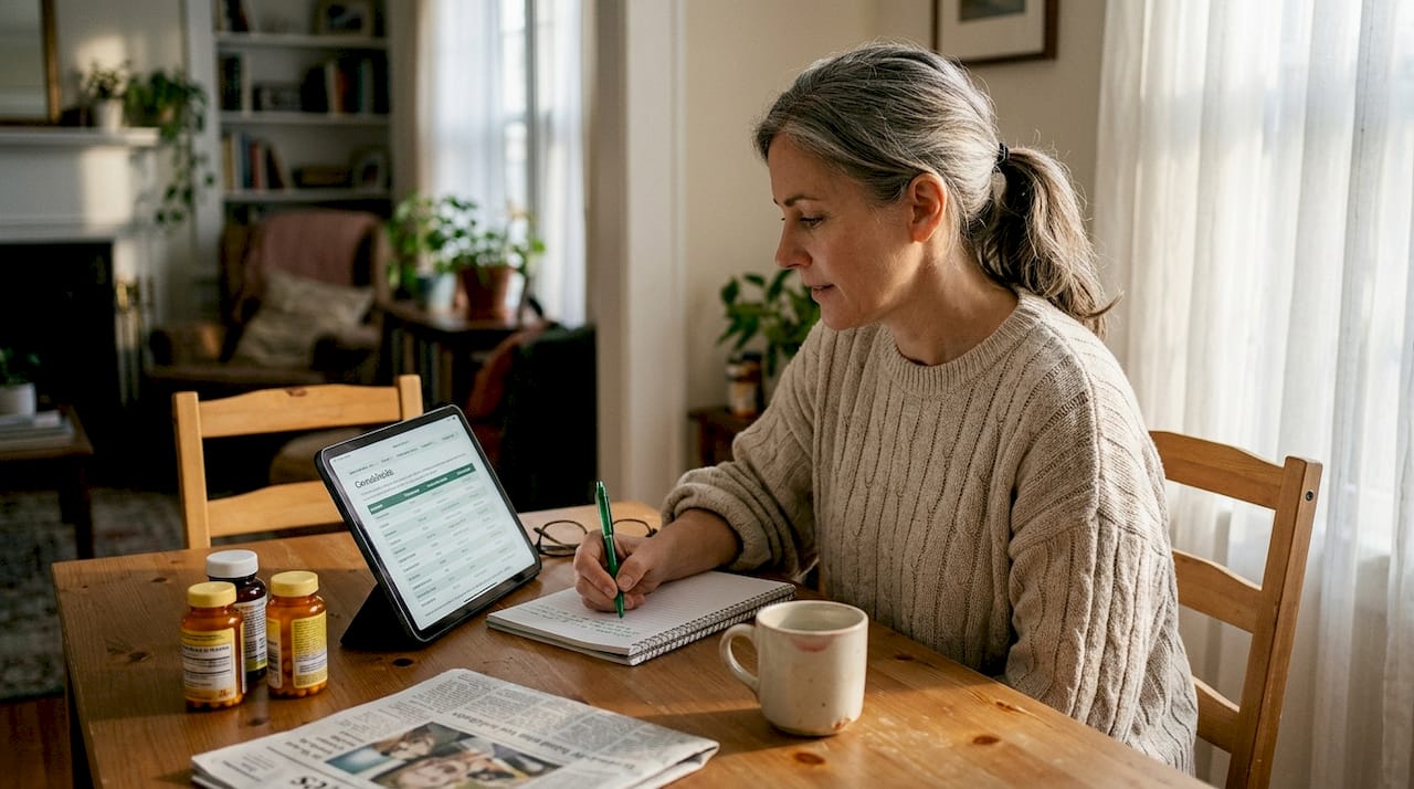 Woman cross-referencing cannabinoid information at home
