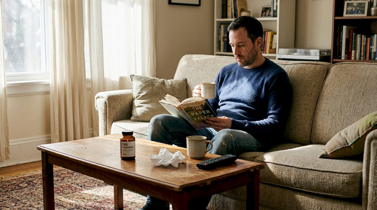 Man reading book with CBD capsules nearby