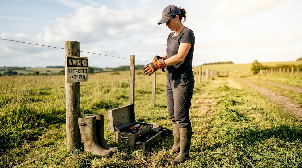 Farm worker preparing electric fence safely