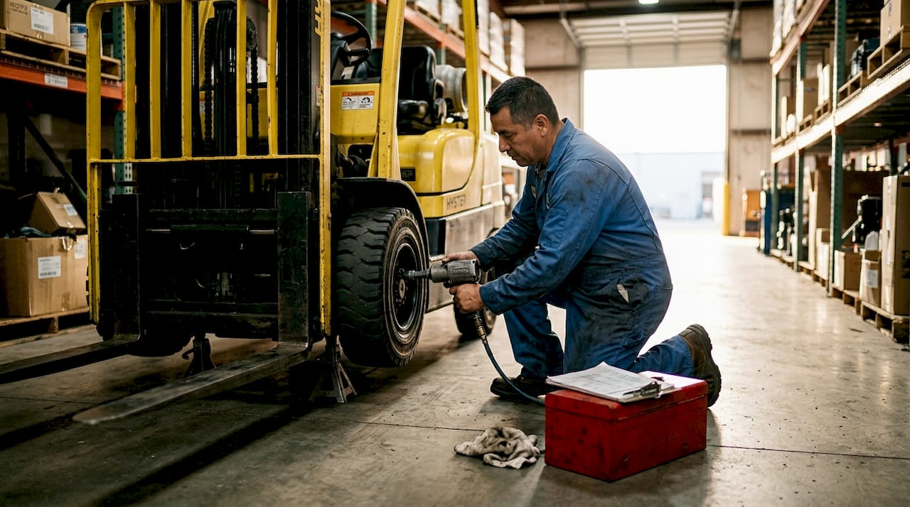 Technician servicing warehouse forklift tire