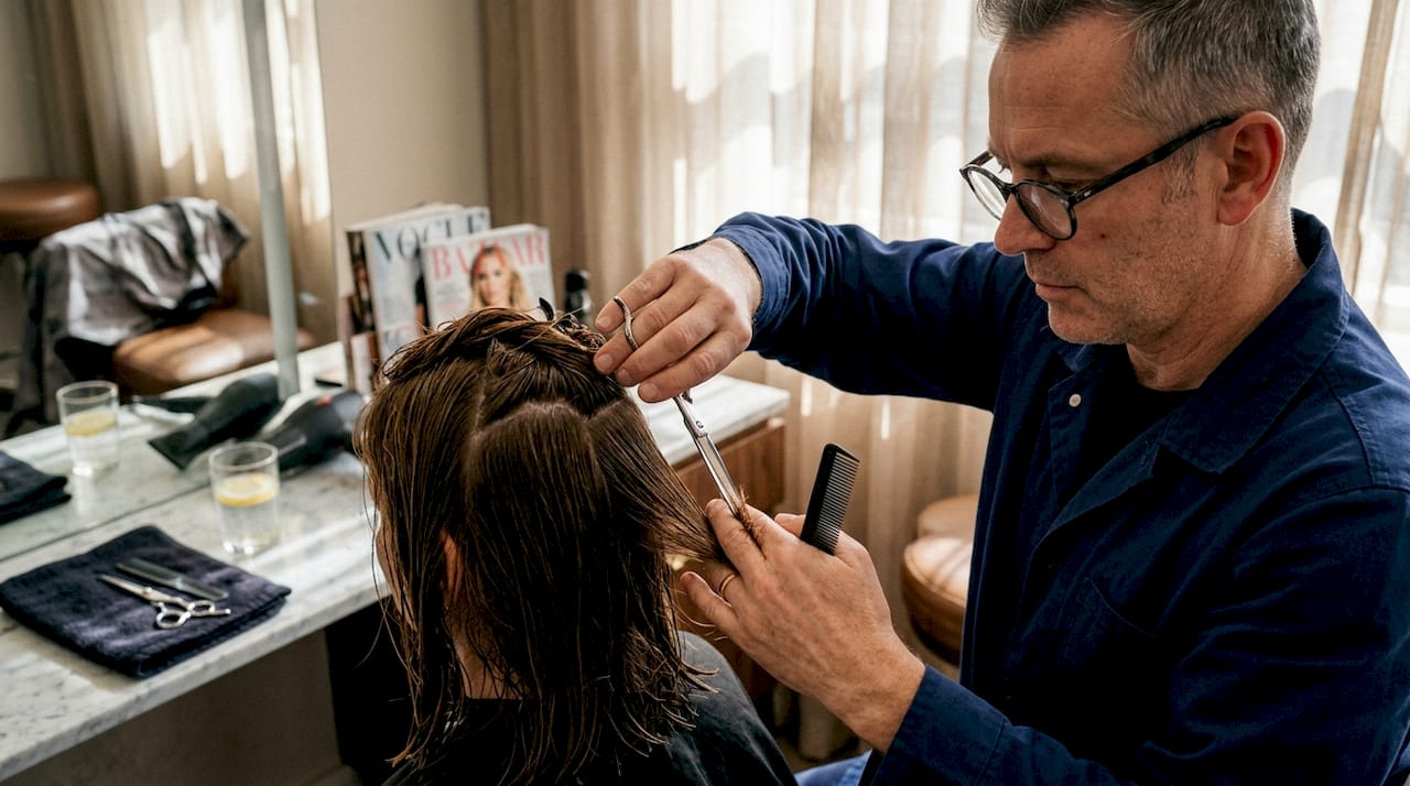Luxury stylist precisely cutting client's hair
