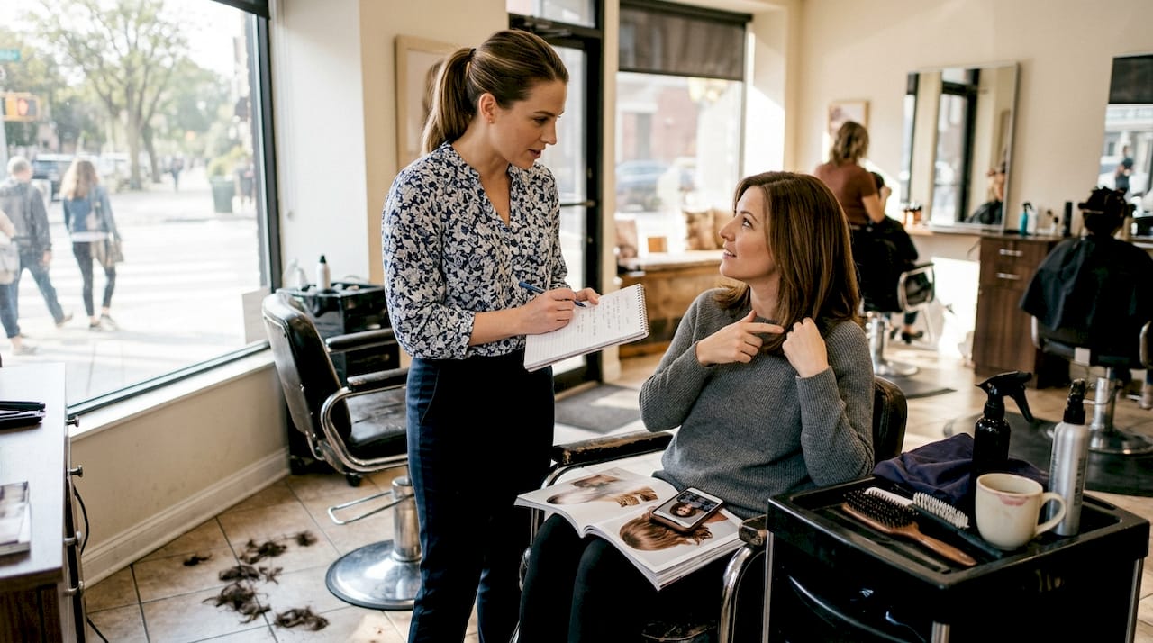 Stylist consulting with client in a sunlit salon
