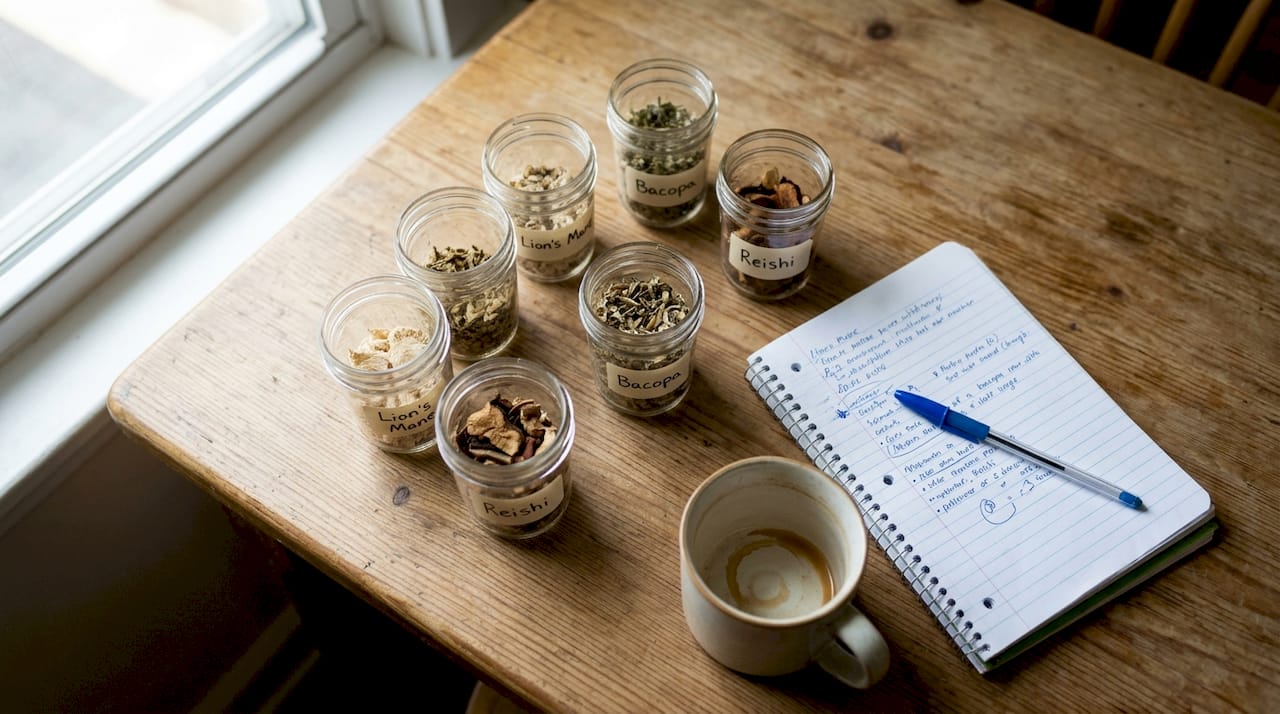 Herbs and mushroom nootropics on kitchen table