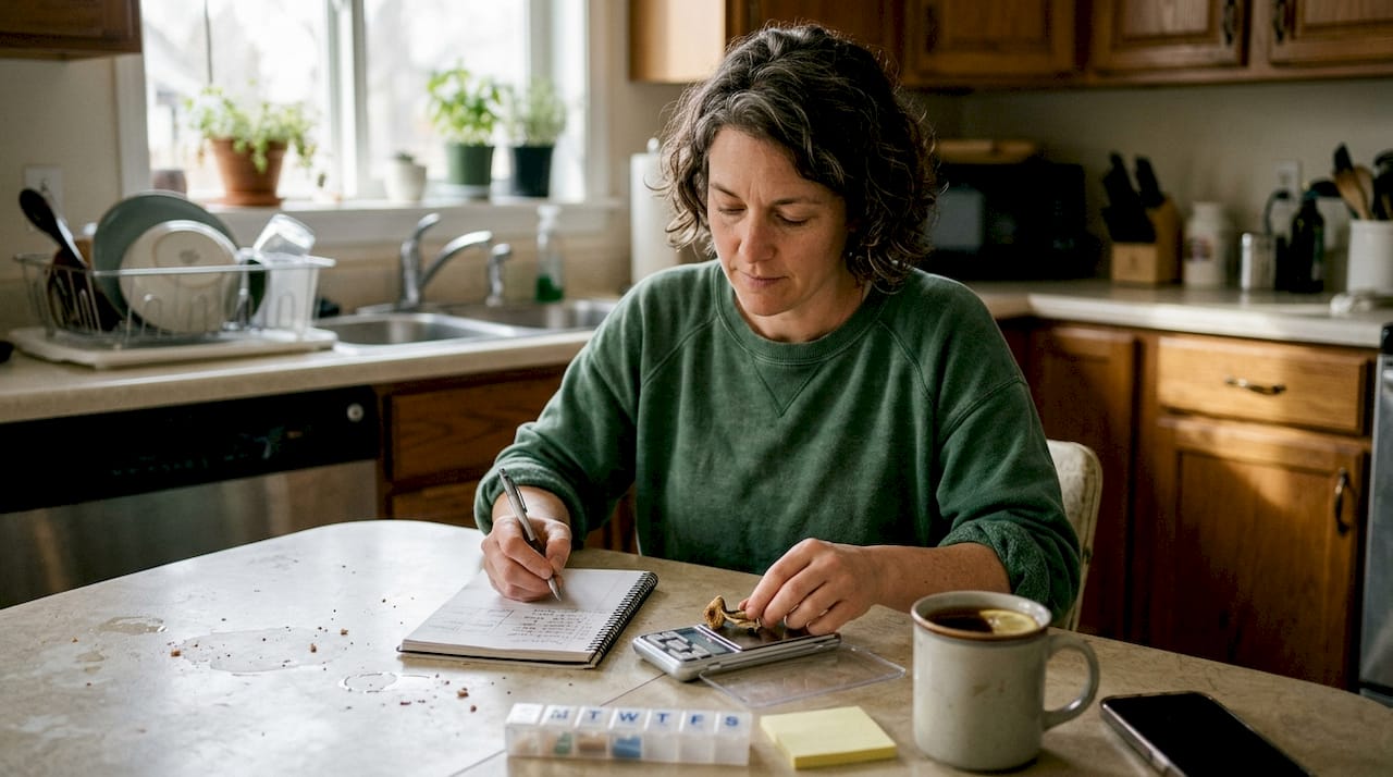 Woman measures psilocybin with kitchen scale