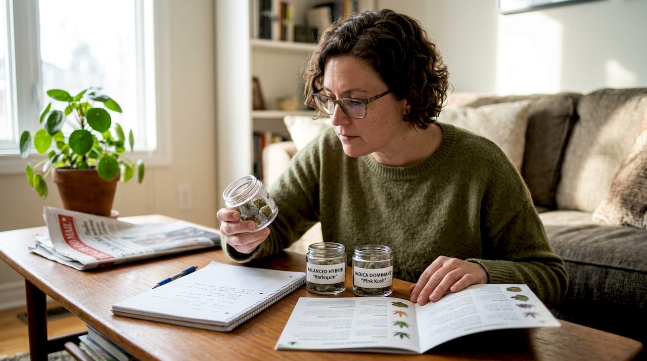 Woman comparing labeled cannabis jars at home
