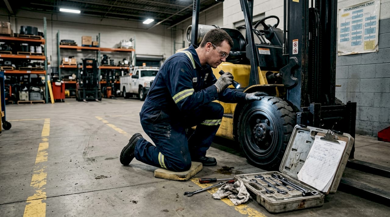Technician inspects forklift for mechanical safety