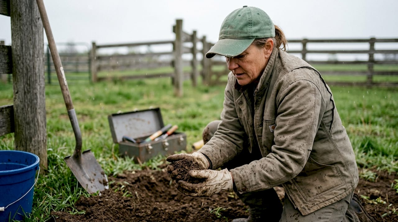 Farmer testing soil moisture by fence