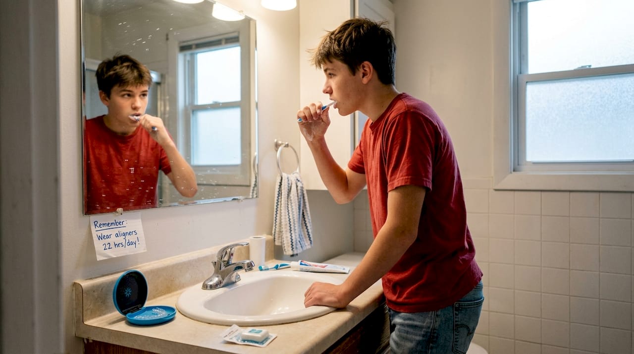 Teen brushing teeth with Invisalign case nearby