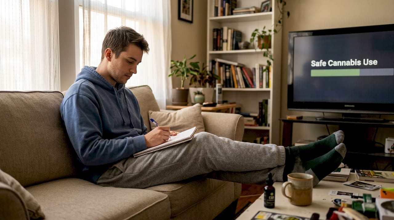 Man journaling cannabis dosing at home