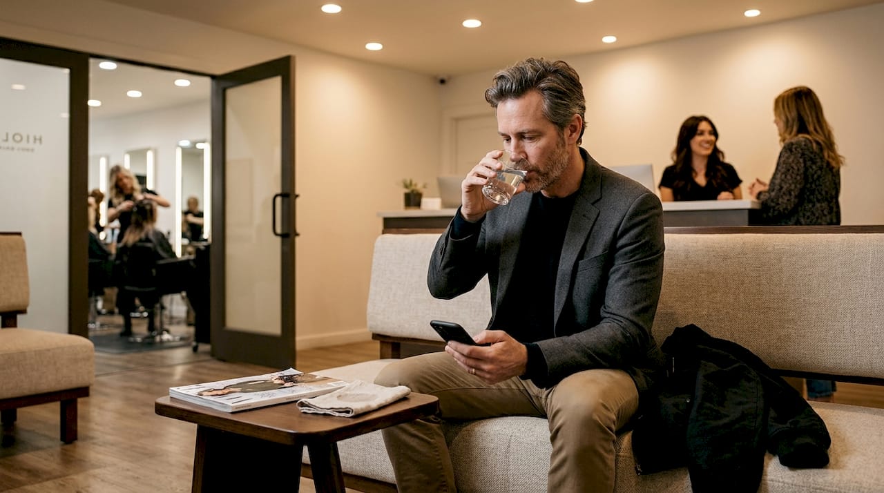 Client waiting in stylish hair salon lobby