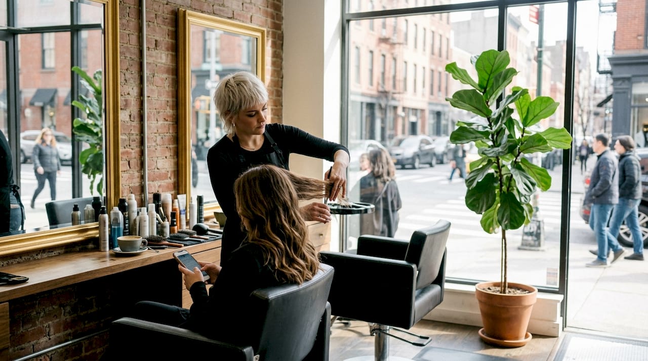 Expert stylist cutting hair in luxe salon