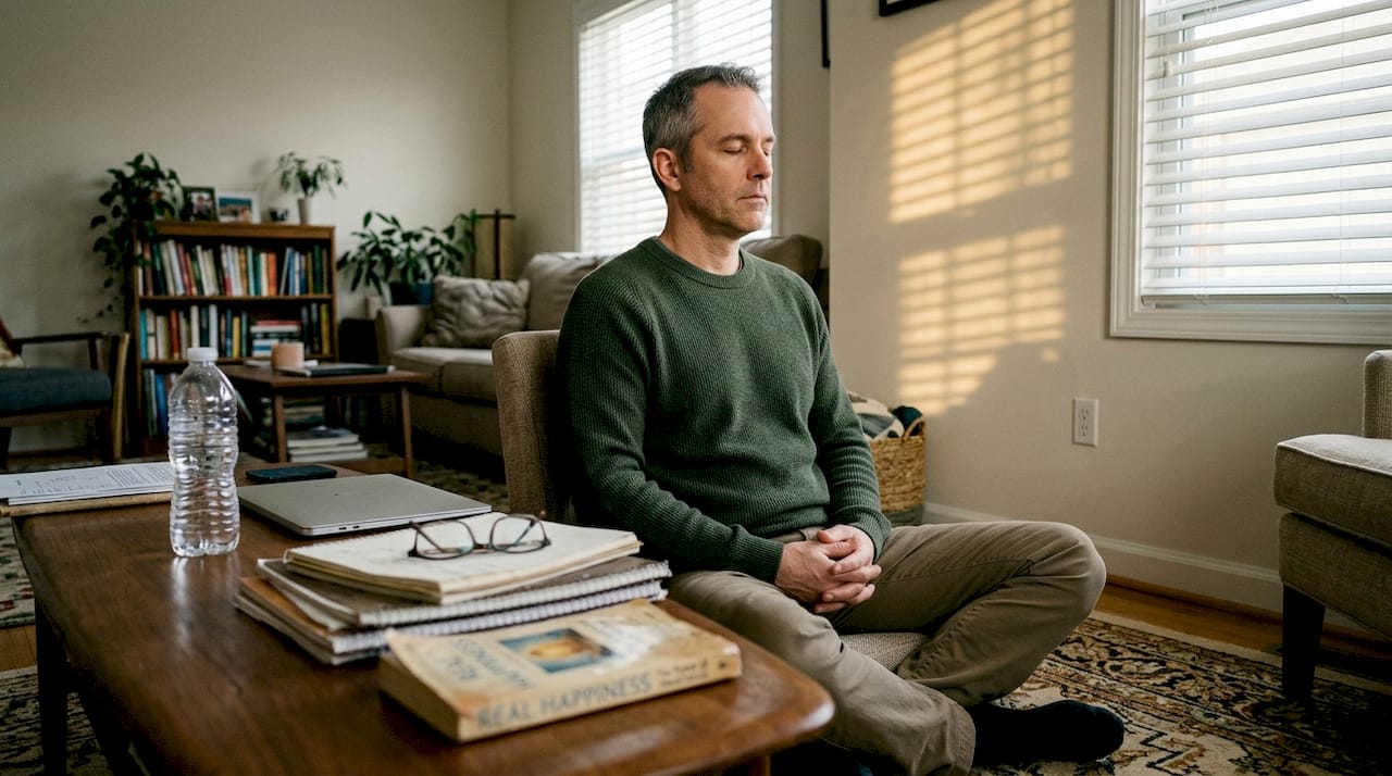 Man meditating with water bottle nearby