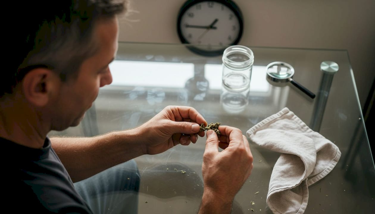 Hands inspecting cannabis bud for mold spots