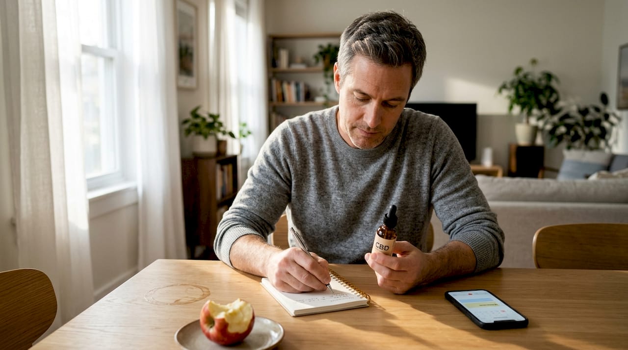 Man journaling microdosing routine at home table