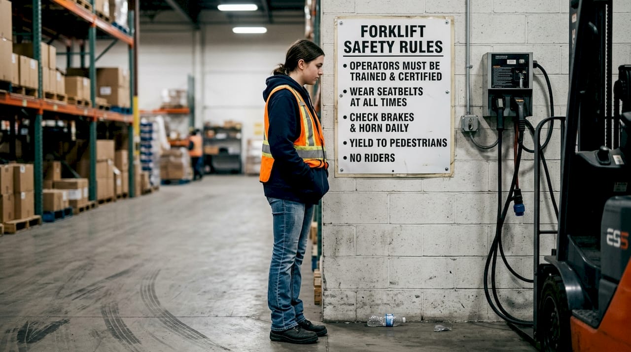 Canadian warehouse worker studying forklift sign
