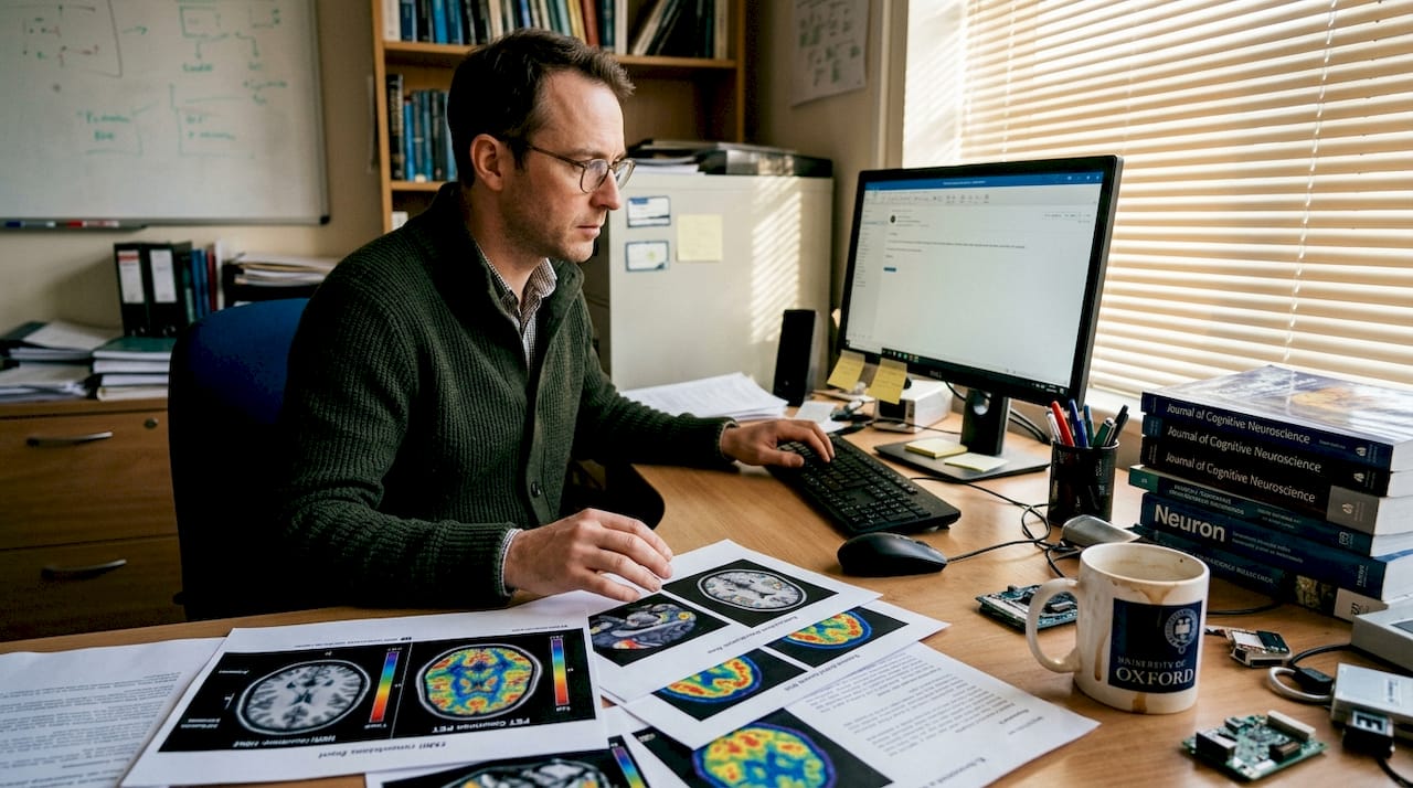 Researcher reviewing brain scans and data