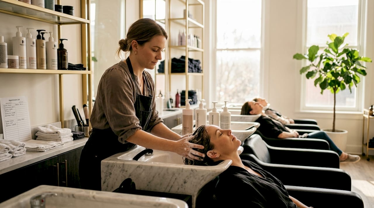 Luxury salon stylist at marble wash station