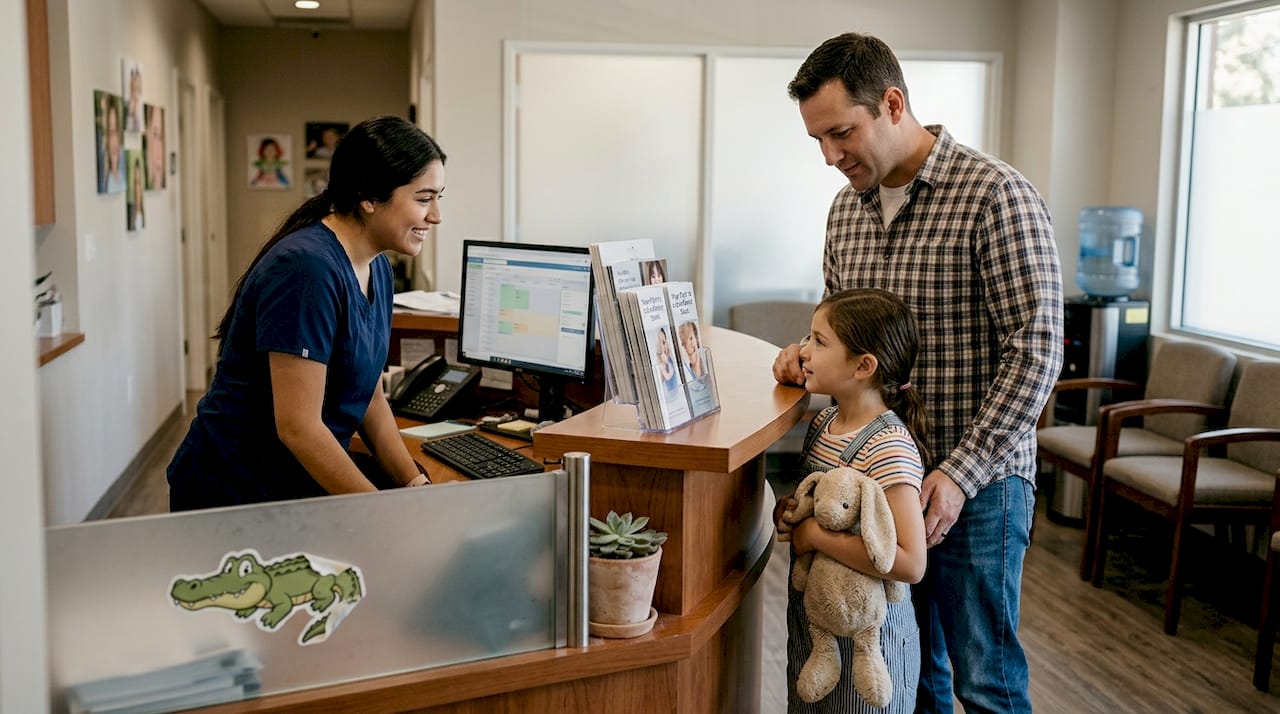 Receptionist warmly greets child with plush toy