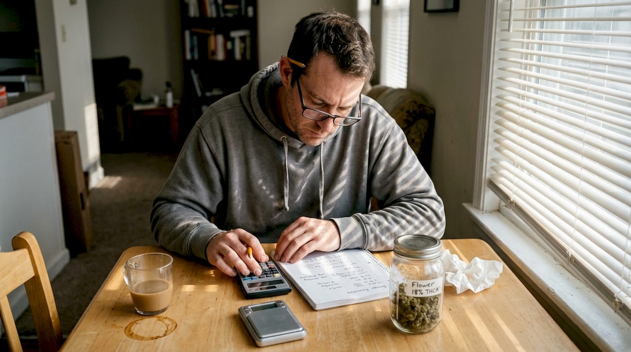 Man calculates THC dosage at home table