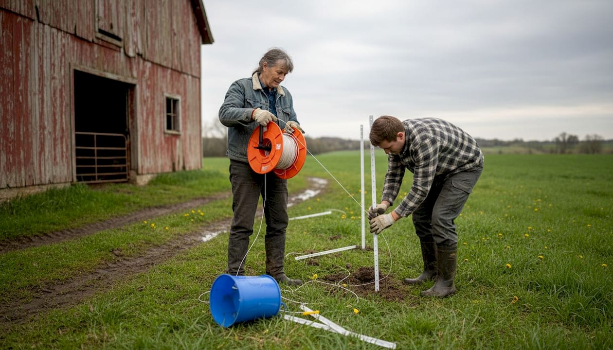 Farmers installing portable livestock fencing
