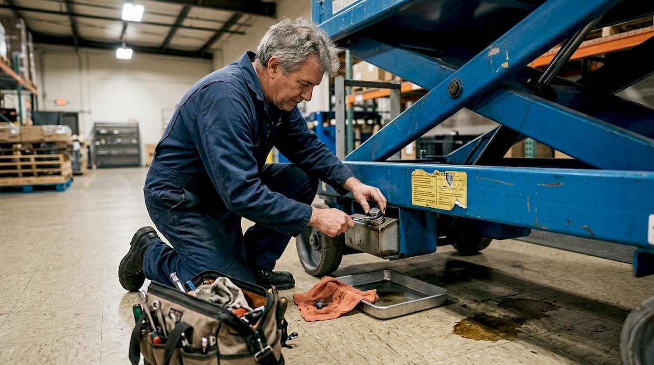 Worker checks scissor lift hydraulic fluid reservoir