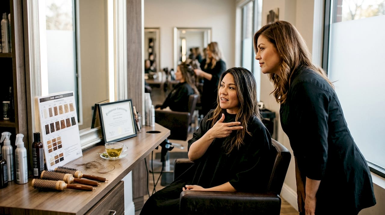 Salon stylist consulting with client near mirror