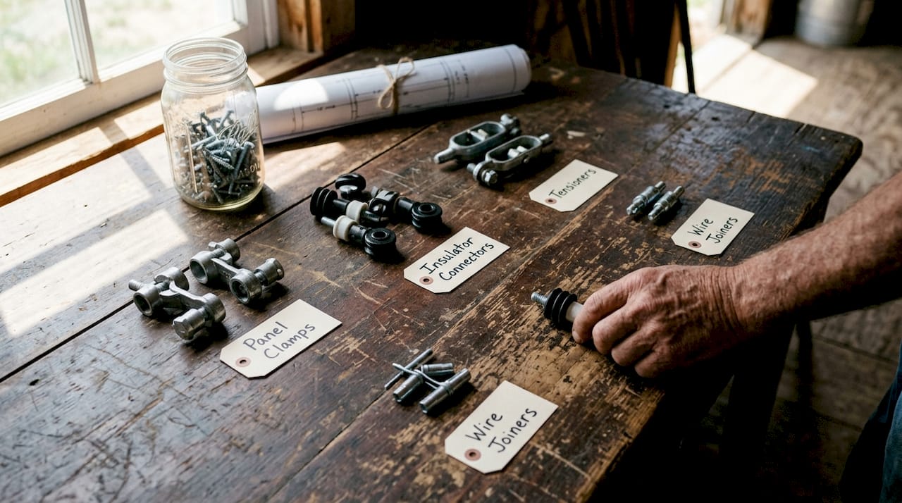 Fencing connectors types displayed on table