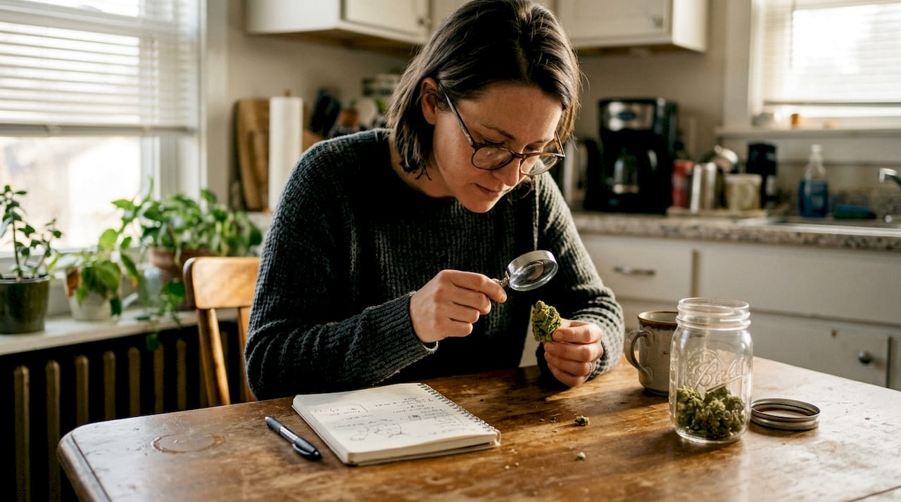 Woman inspecting cannabis flower for mold