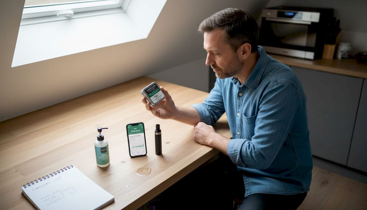 Man comparing cannabis vape, edibles, topical products