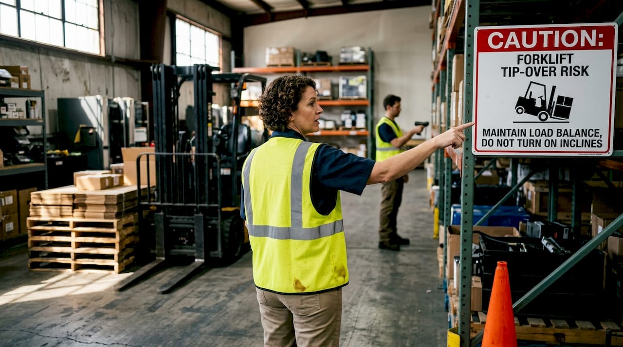 Supervisor points to forklift tip-over hazard sign
