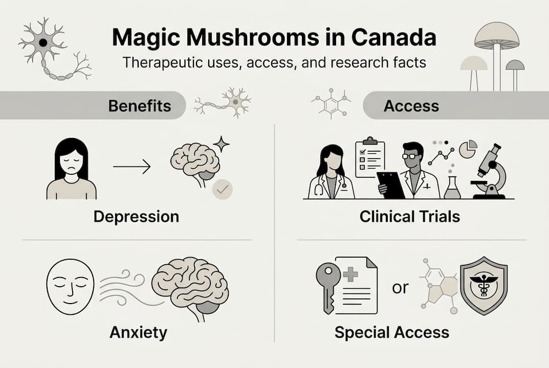 Infographic showing magic mushrooms benefits and access