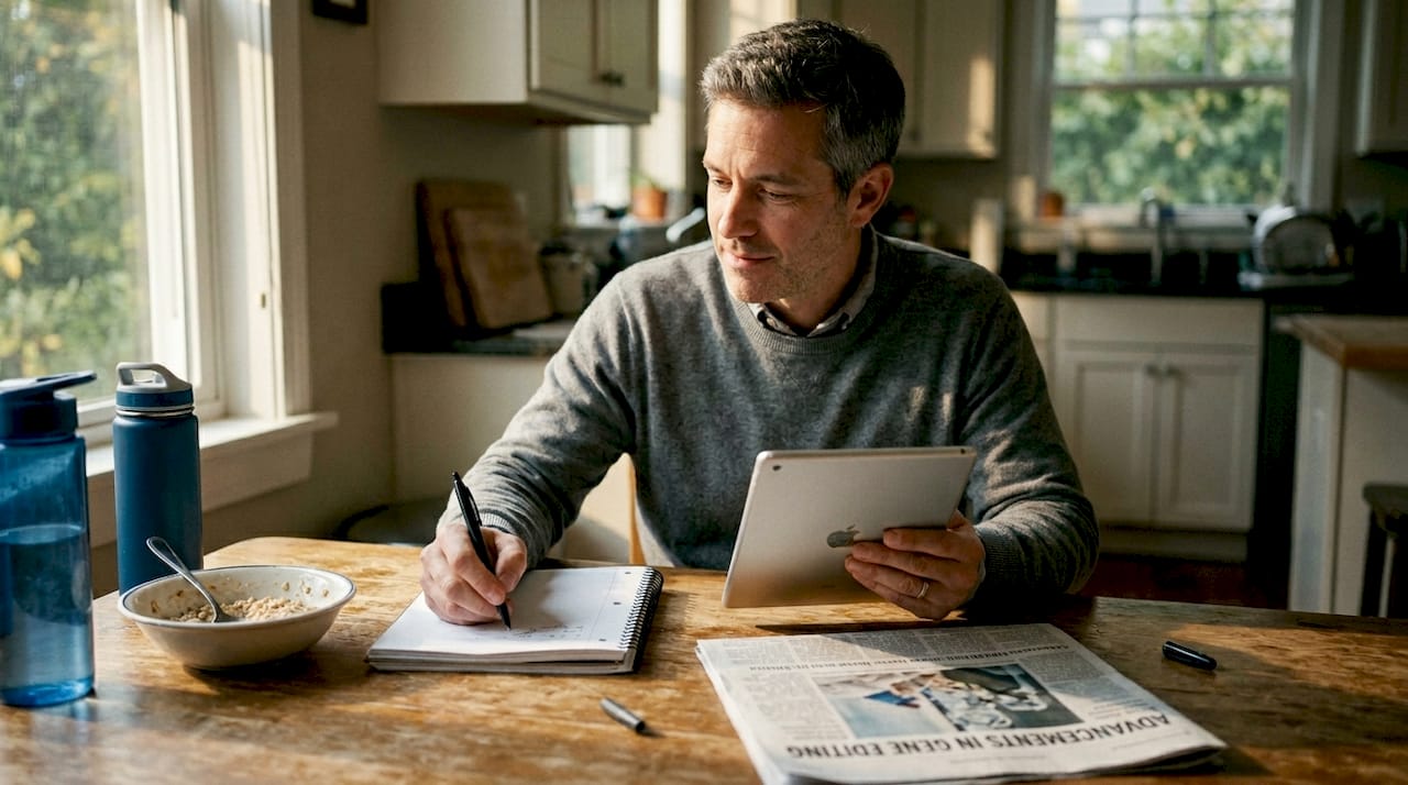 Man reading medical research at kitchen table