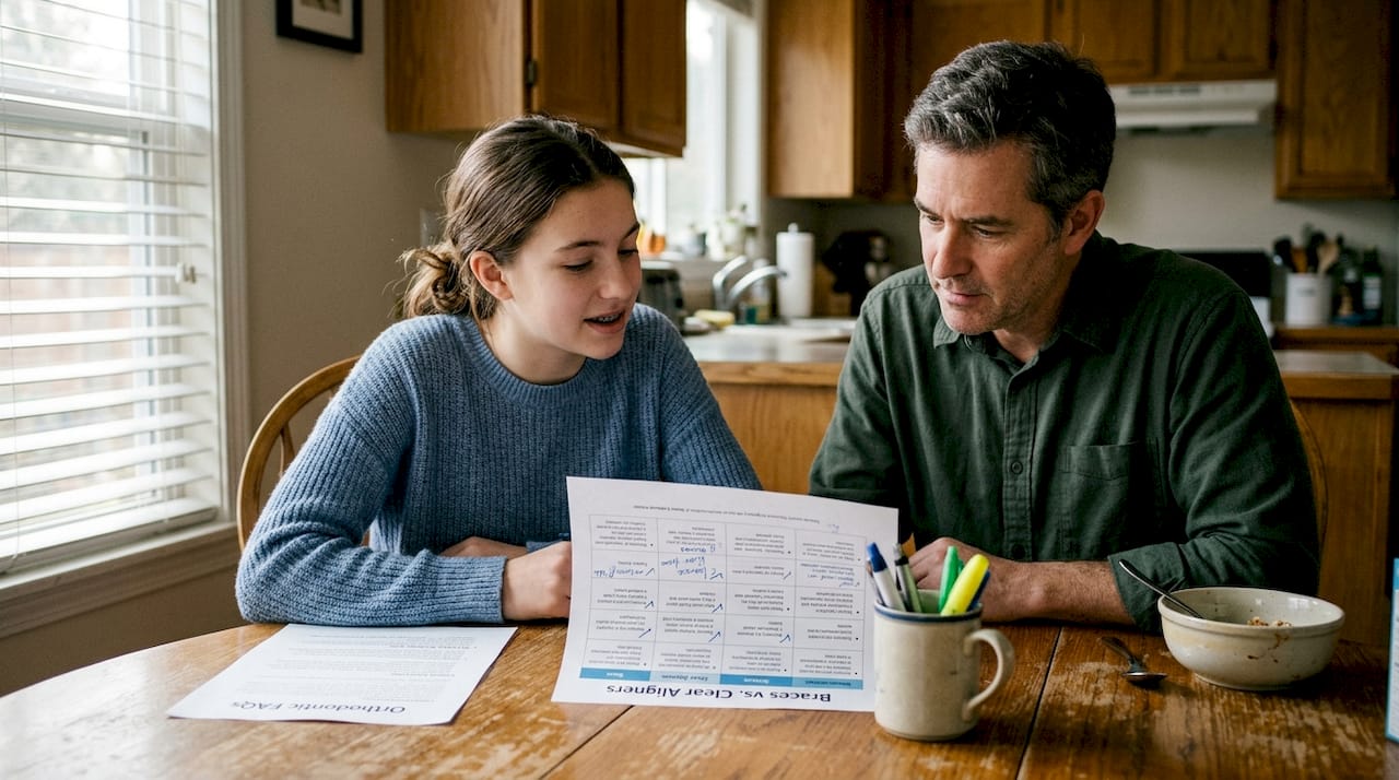 Parent and child comparing braces and aligners