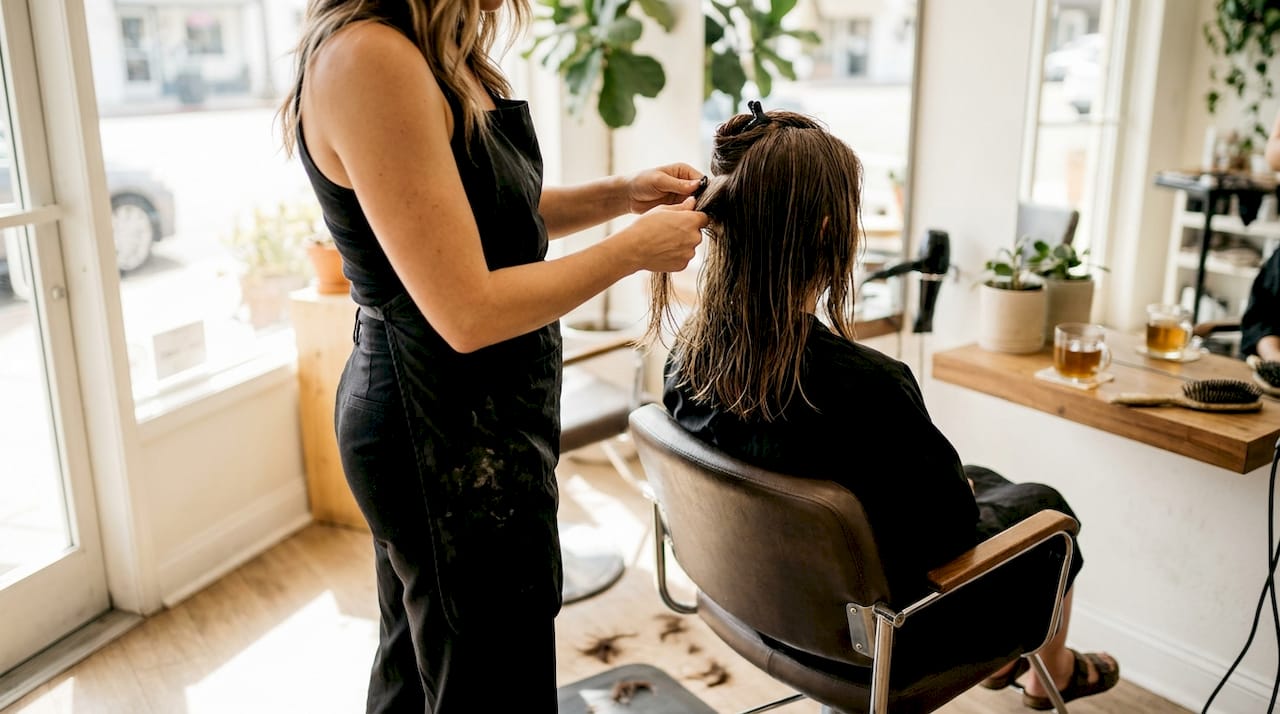 Stylist sectioning client’s hair in salon